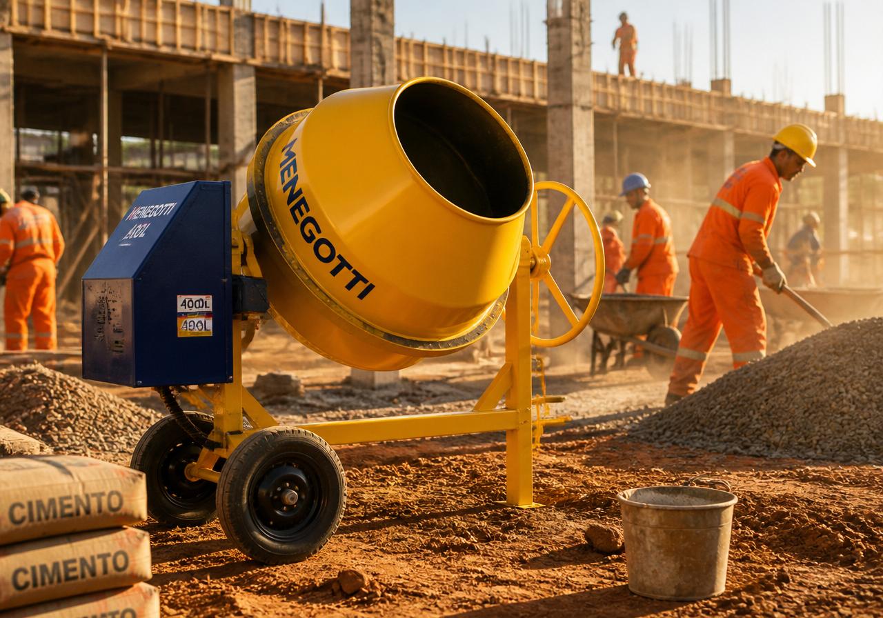 Betoneira Menegotti 400L Prime em uso em canteiro de obras — mistura contínua com produtividade