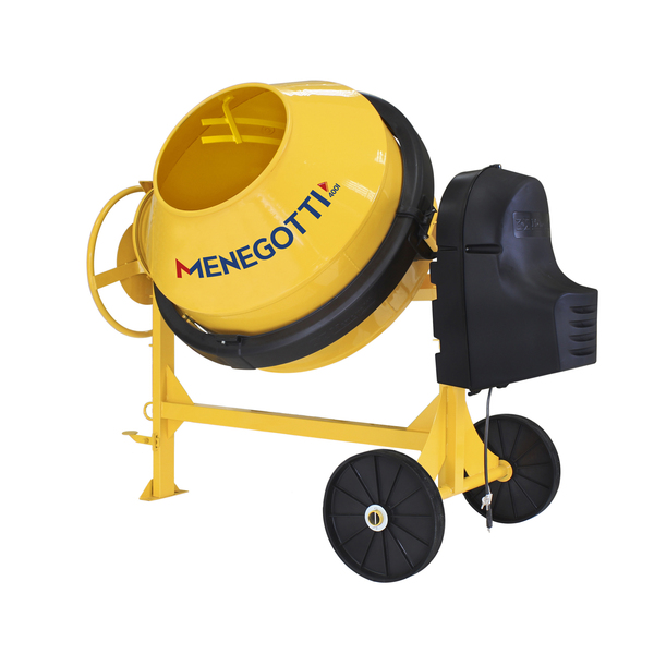 Betoneira Menegotti 400L Prime vista frontal — motor 2CV e tambor amarelo