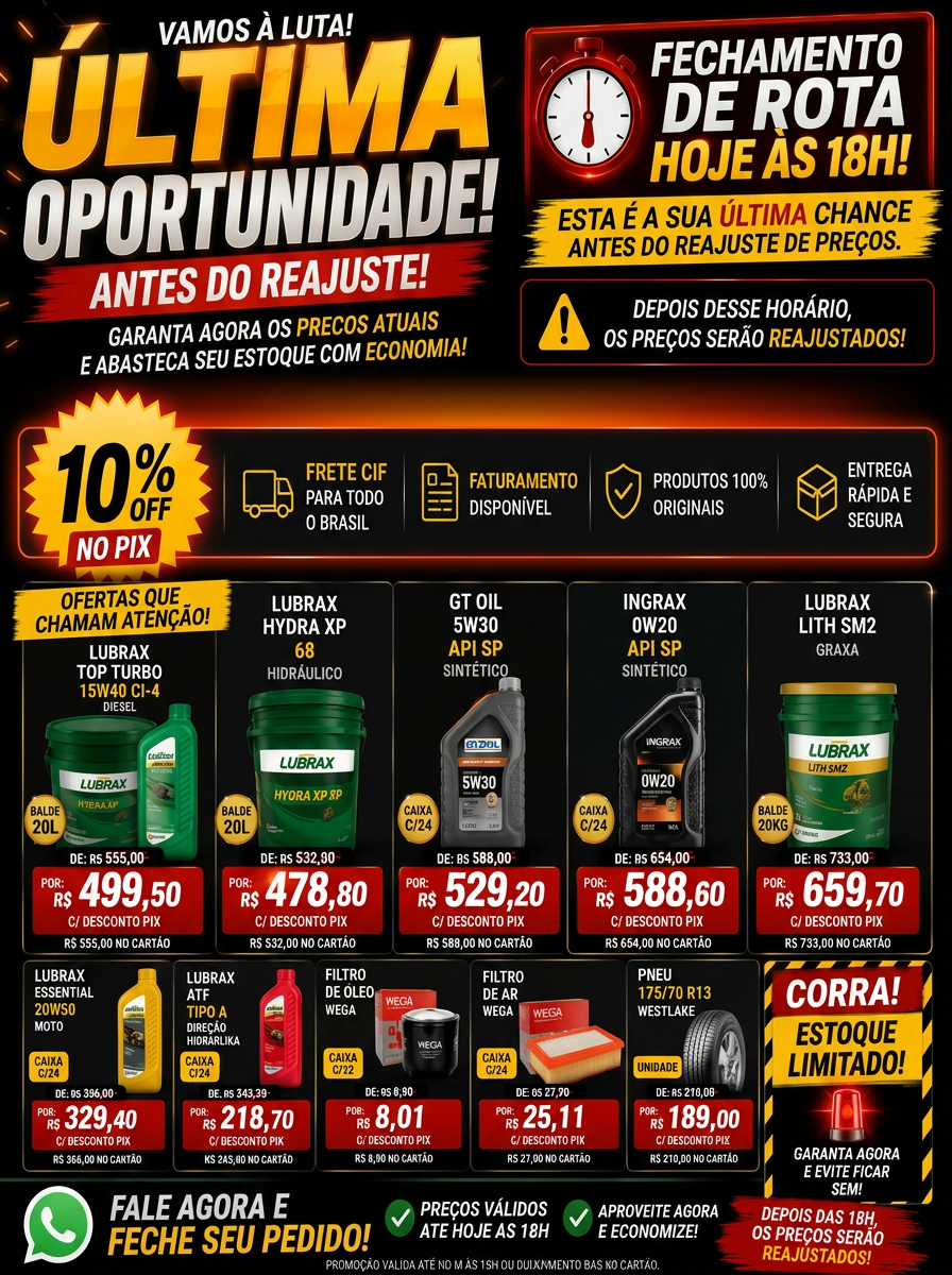 Última oportunidade antes do reajuste — ofertas em óleos, filtros e pneus com 10% off no Pix