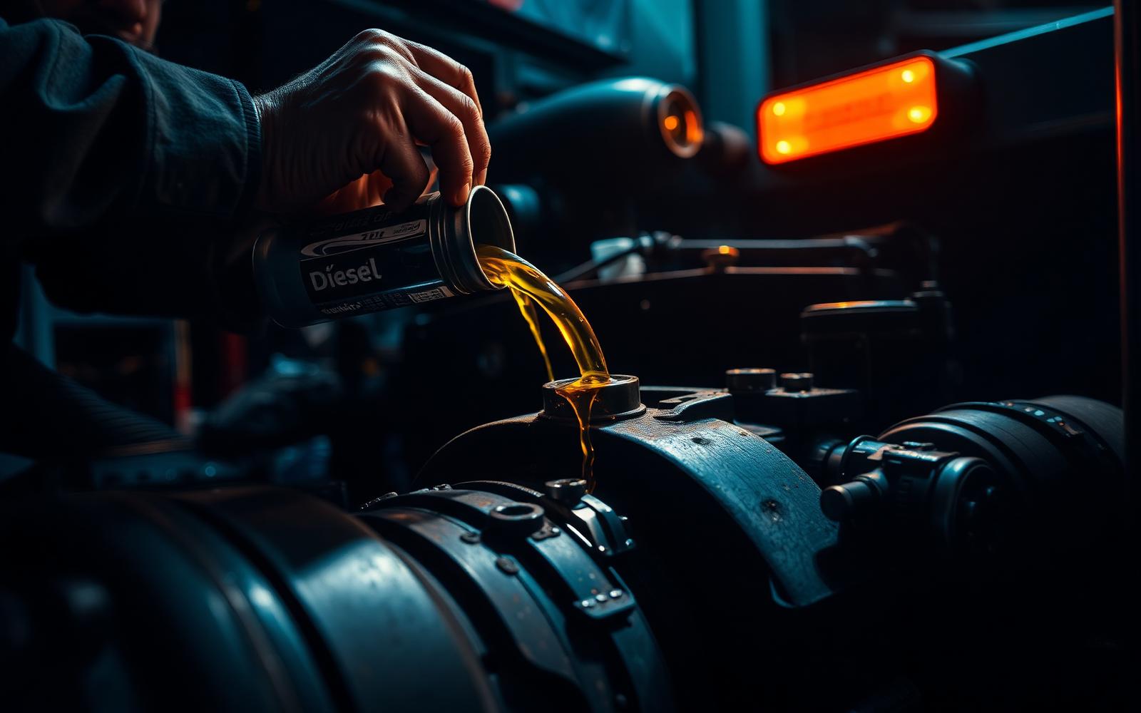 Mecânico abastecendo motor diesel com óleo lubrificante